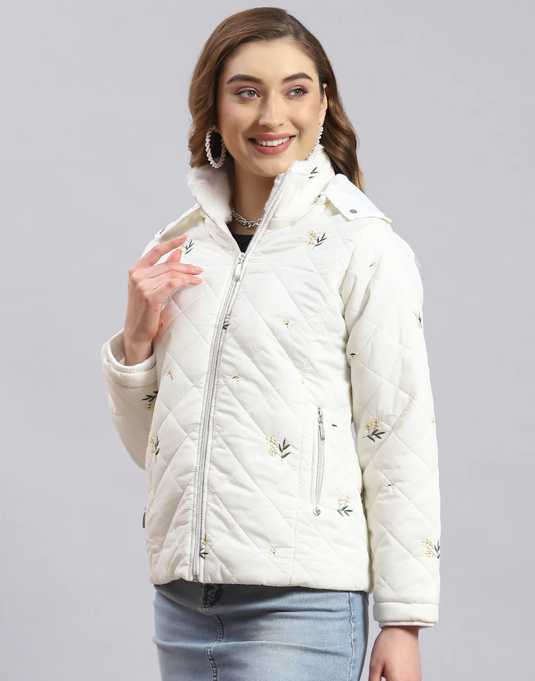 Women White Embroidered Hooded Full Sleeve Jacket - Image 3