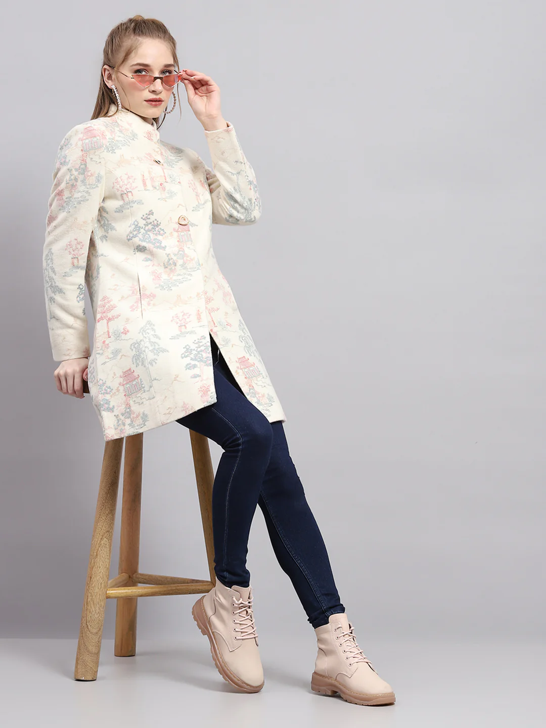 Women White Embroidered Mock Neck Full Sleeve Coat - Image 2