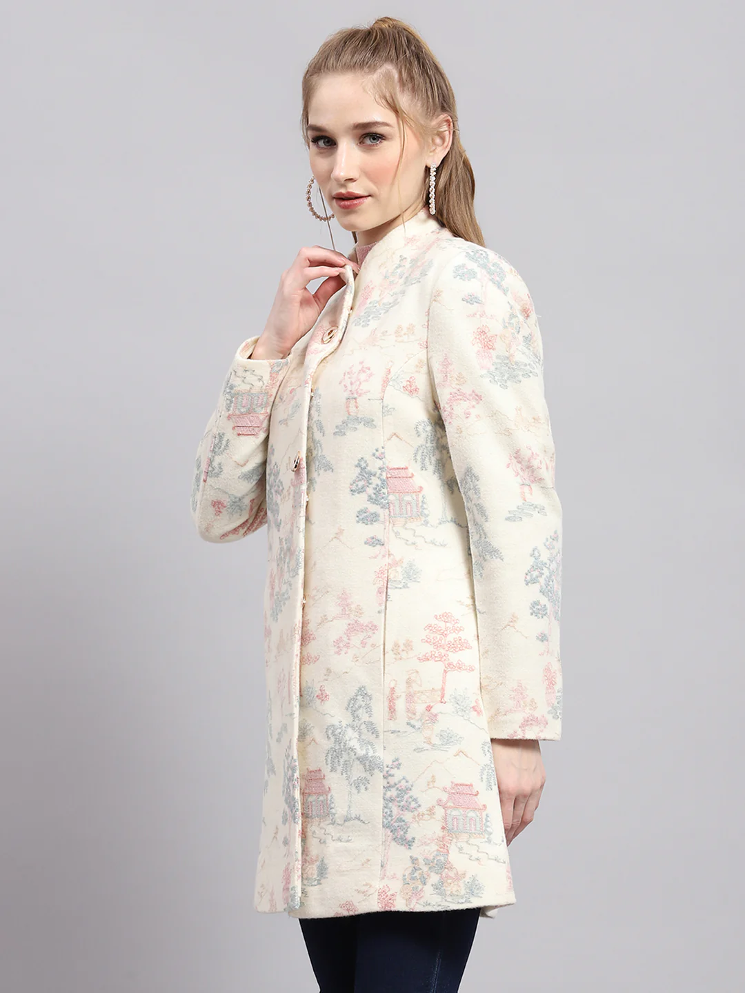 Women White Embroidered Mock Neck Full Sleeve Coat - Image 3