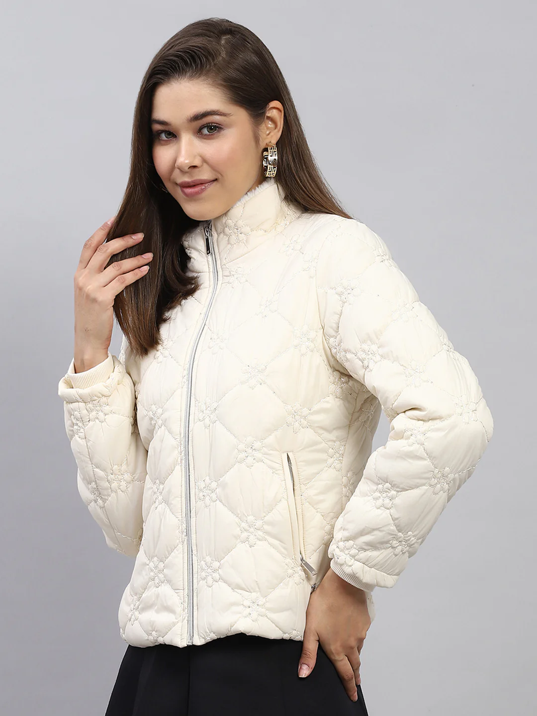 Women White Embroidered Mock Neck Full Sleeve Jacket - Image 3