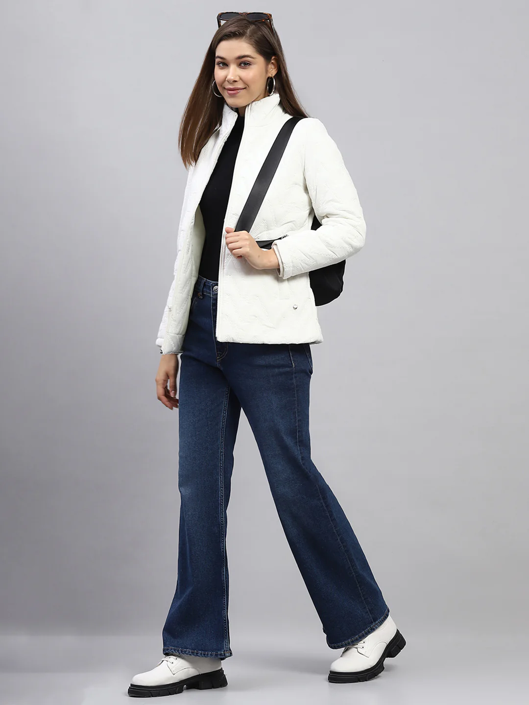 Women White Embroidered Mock Neck Full Sleeve Jacket - Image 2
