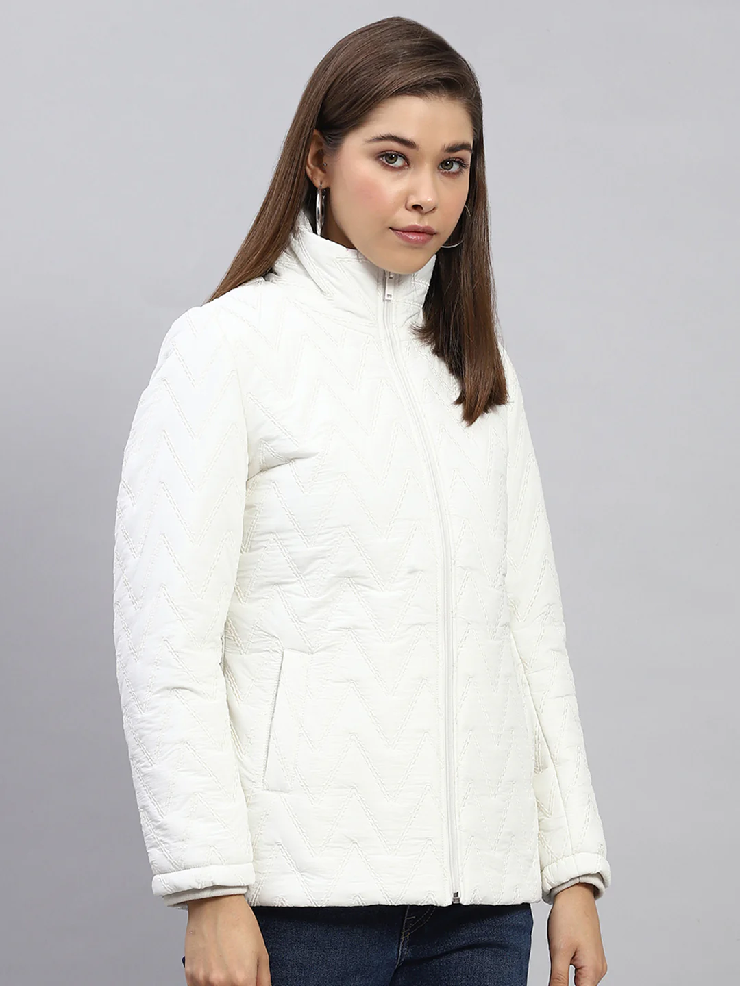 Women White Embroidered Mock Neck Full Sleeve Jacket - Image 4