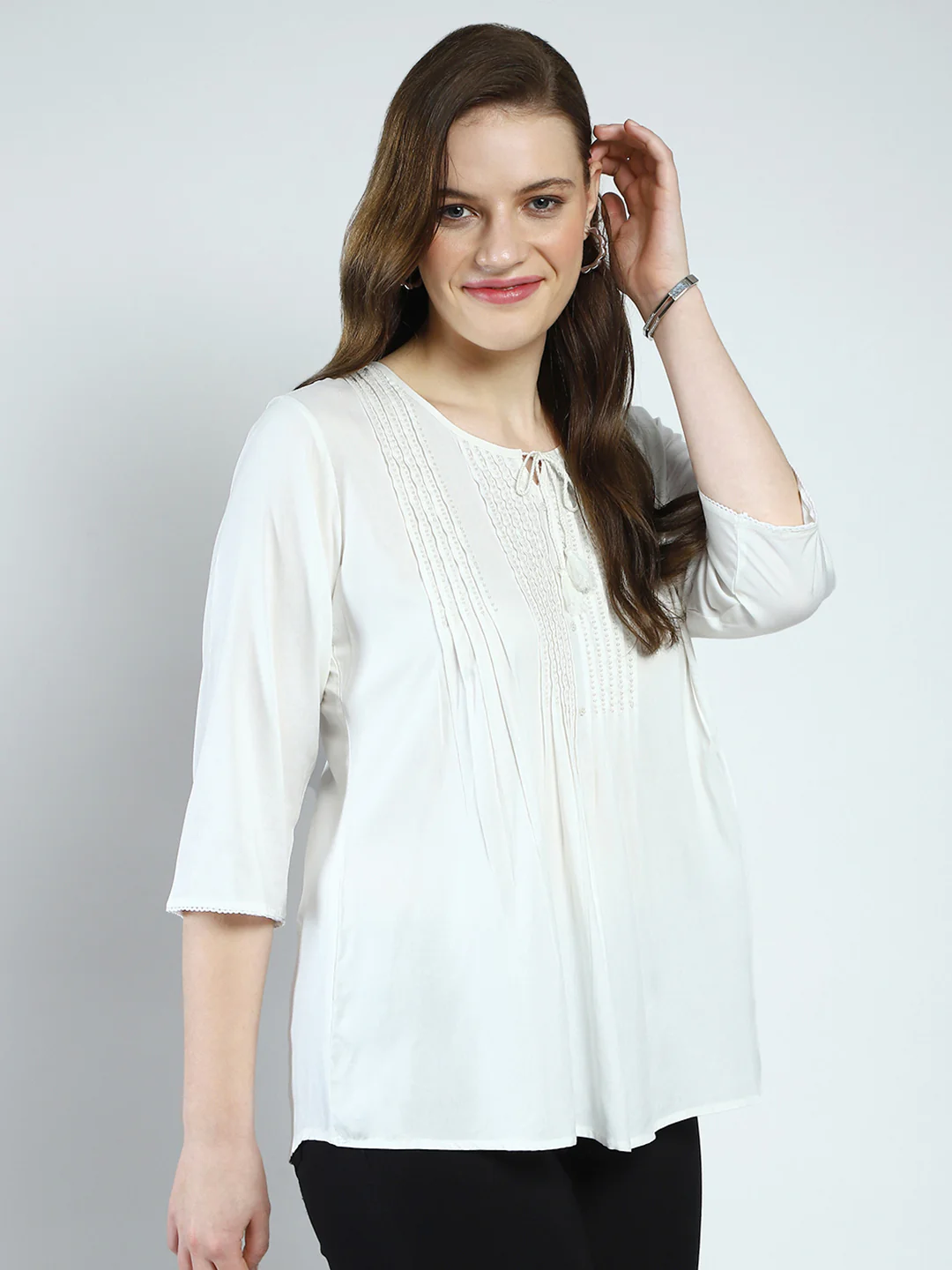 Women White Embroidered Round Neck 3/4th Sleeve Top - Image 4