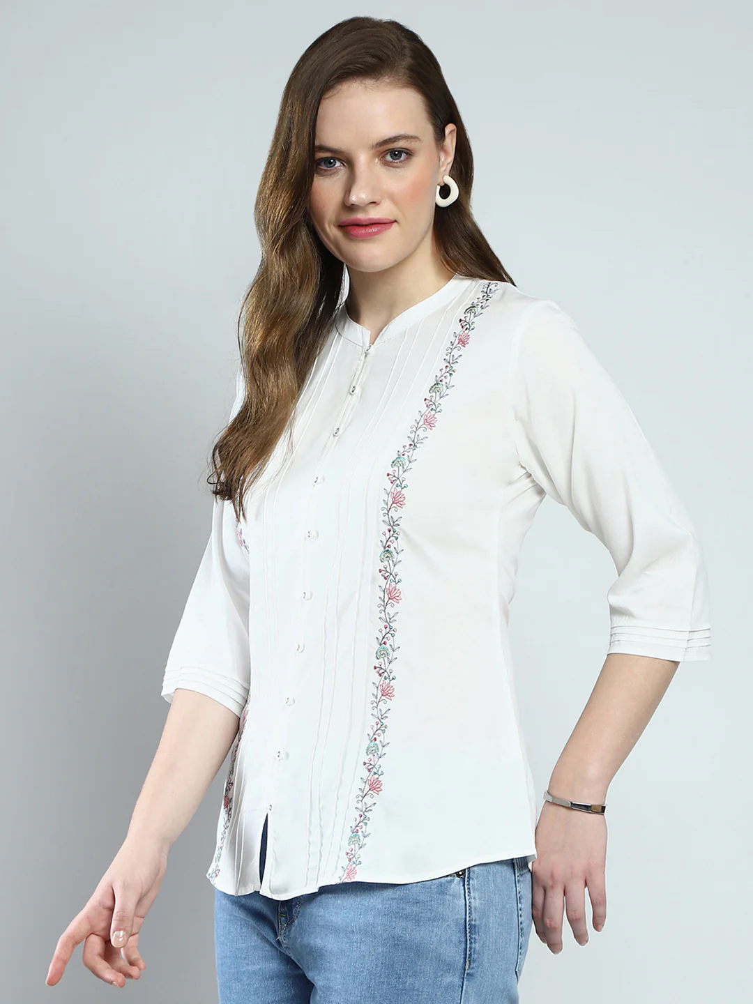 Women White Embroidered Round Neck 3/4th Sleeve Top - Image 3