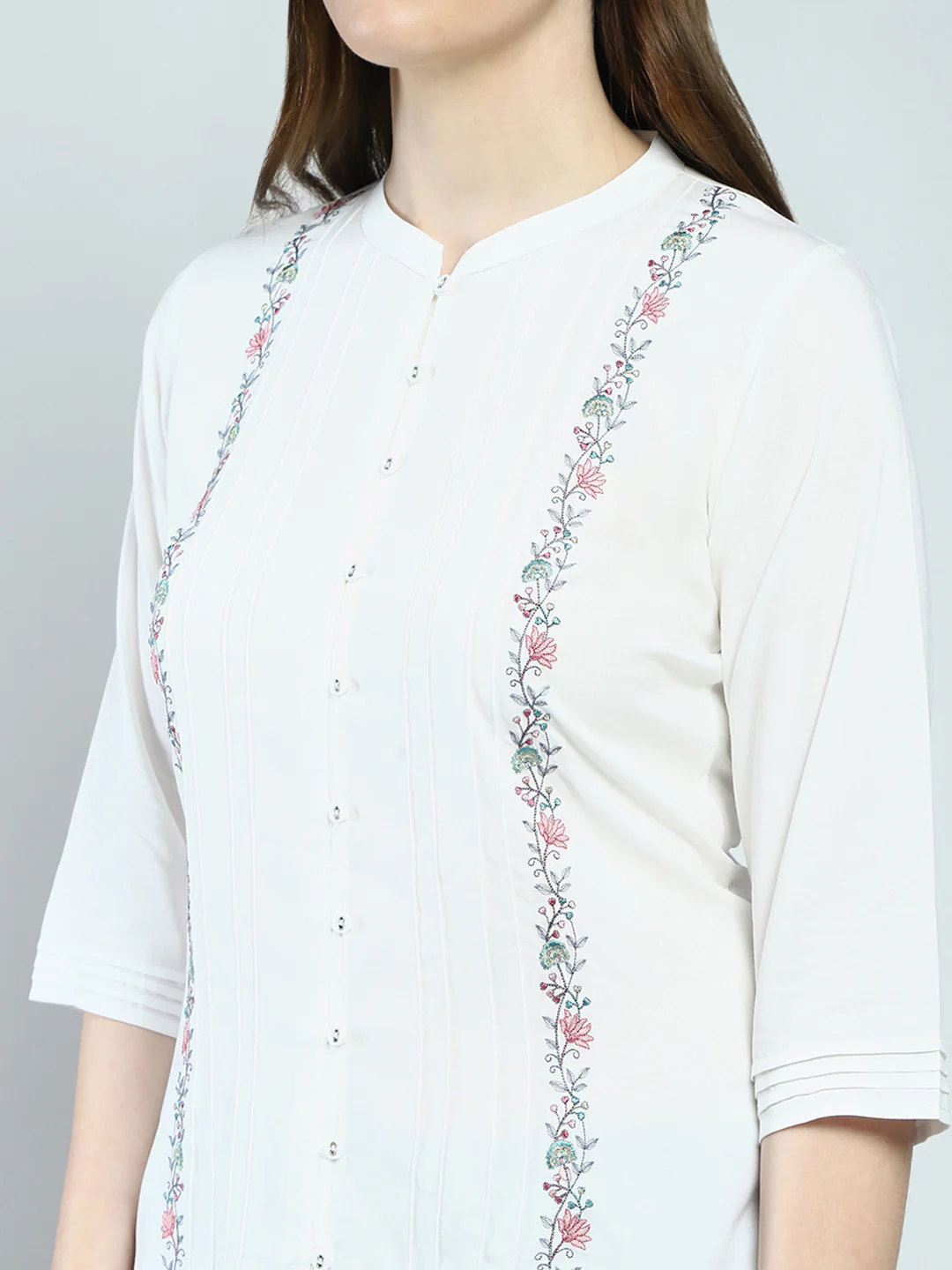 Women White Embroidered Round Neck 3/4th Sleeve Top - Image 6