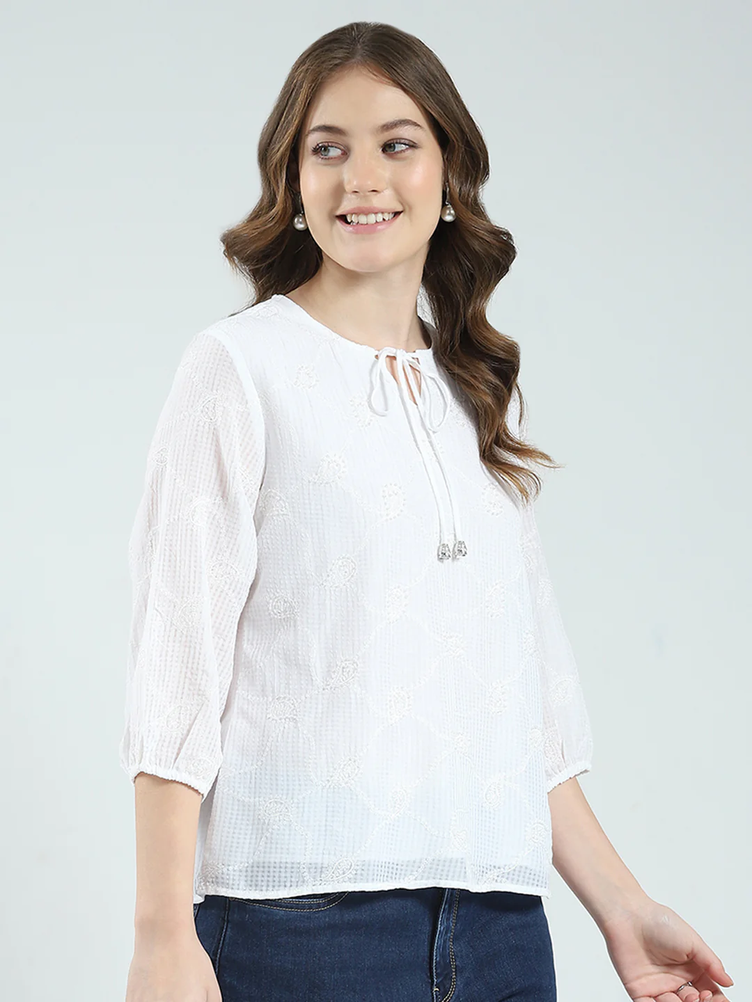 Women White Embroidered Round Neck 3/4th Sleeve Top - Image 4