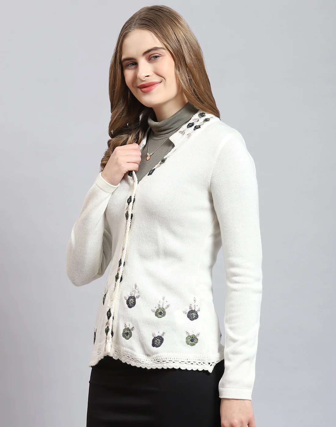 Women White Embroidered V Neck Full Sleeve Cardigan - Image 3