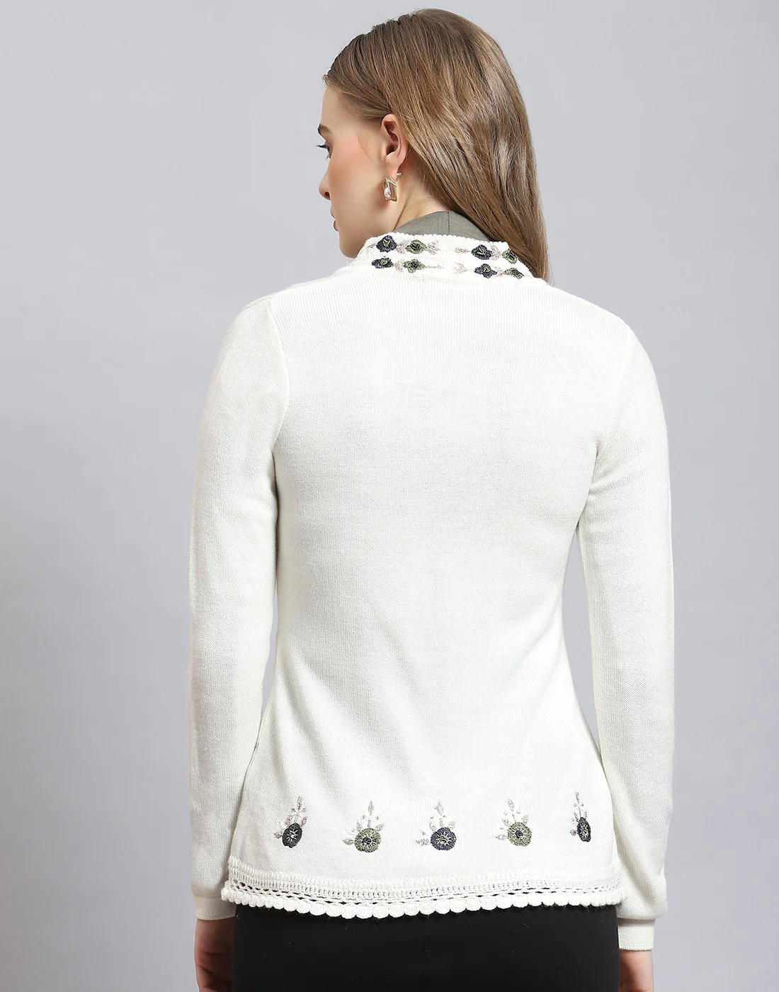 Women White Embroidered V Neck Full Sleeve Cardigan - Image 5