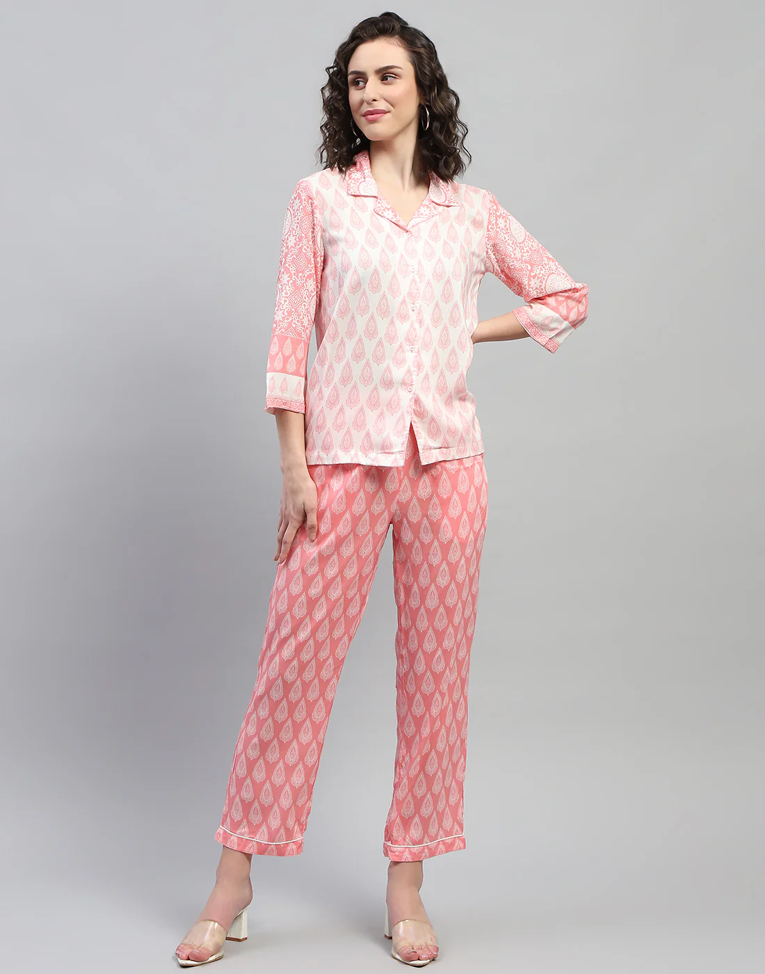 Women White & Pink Printed Collar Neck 3/4 Sleeve Lower Set - Image 3