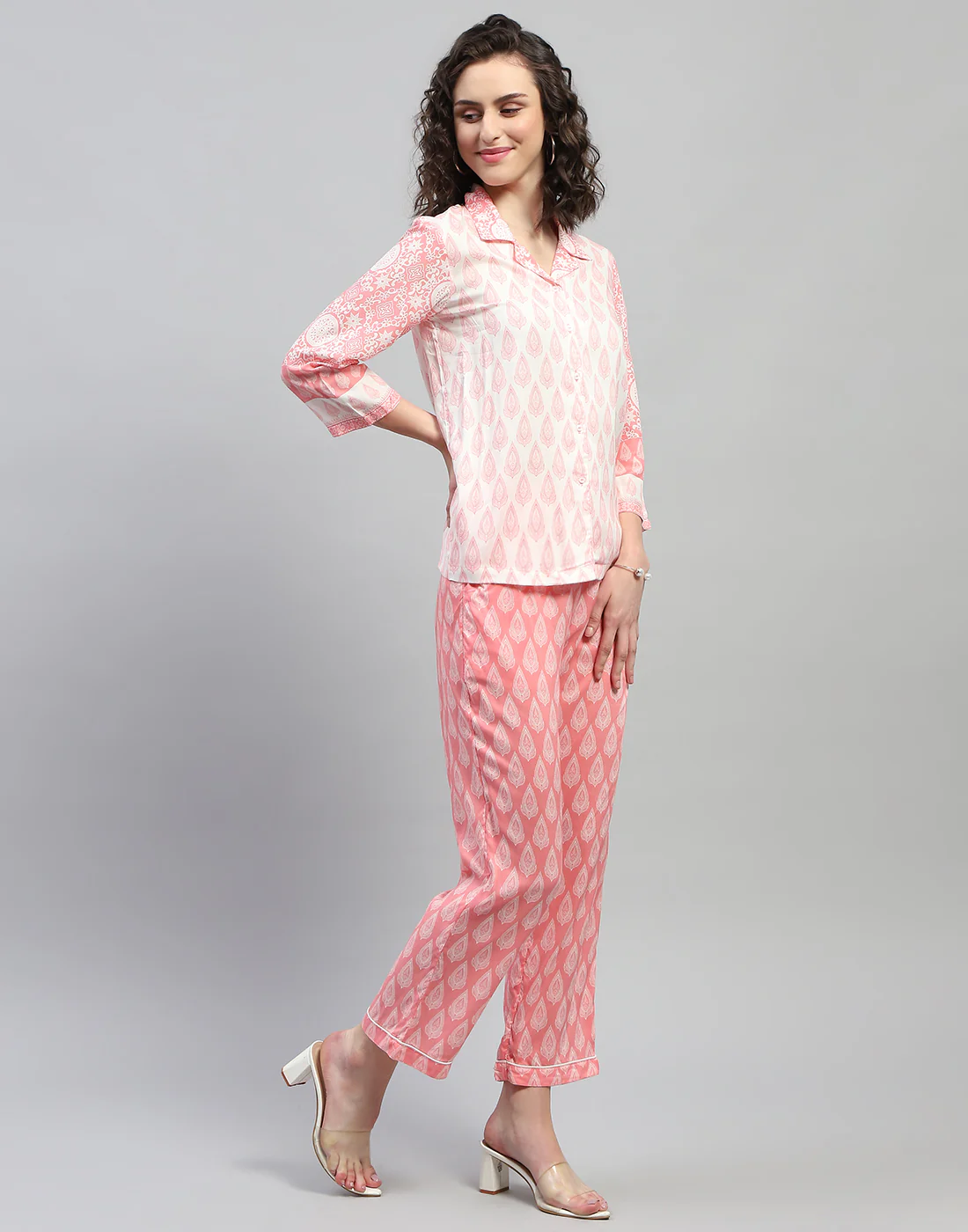 Women White & Pink Printed Collar Neck 3/4 Sleeve Lower Set - Image 5
