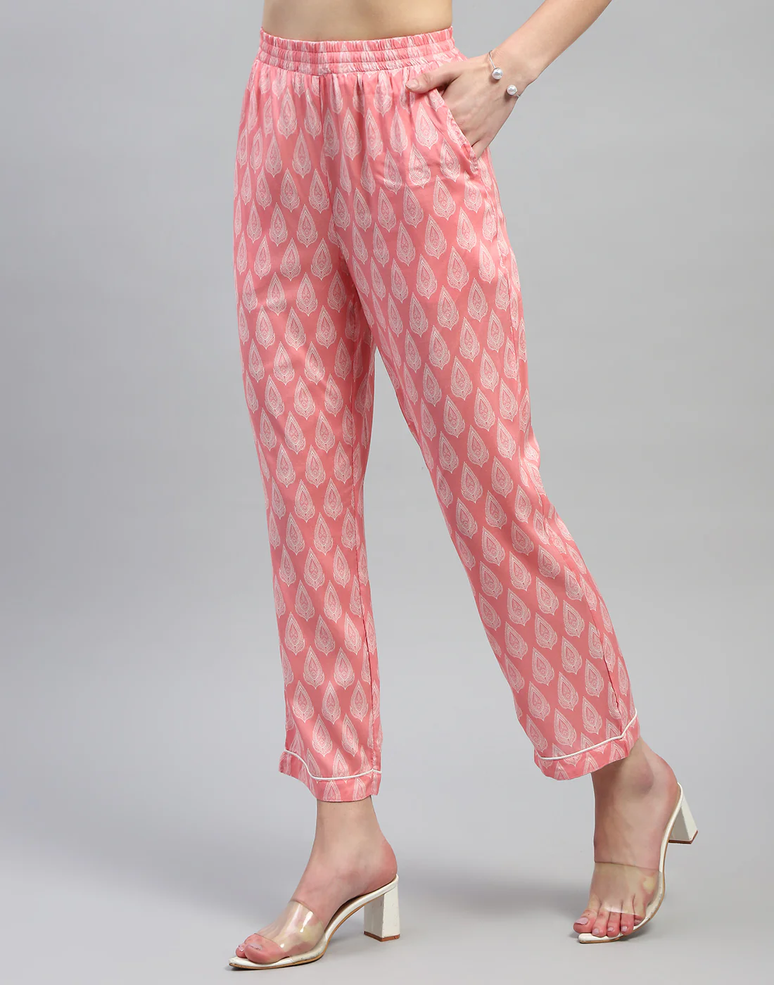 Women White & Pink Printed Collar Neck 3/4 Sleeve Lower Set - Image 7