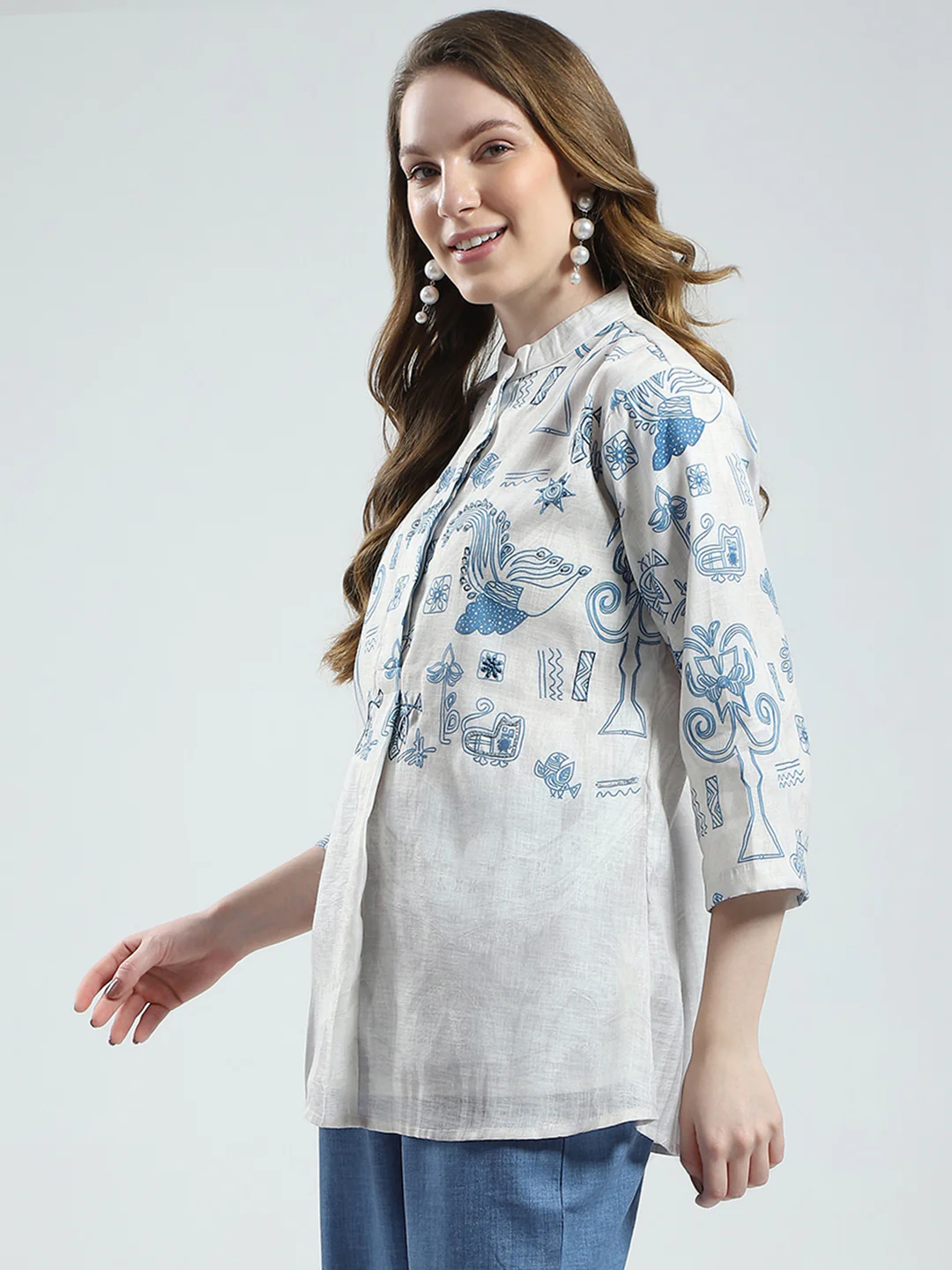 Women White Printed Band Collar 3/4th Sleeve Top - Image 3