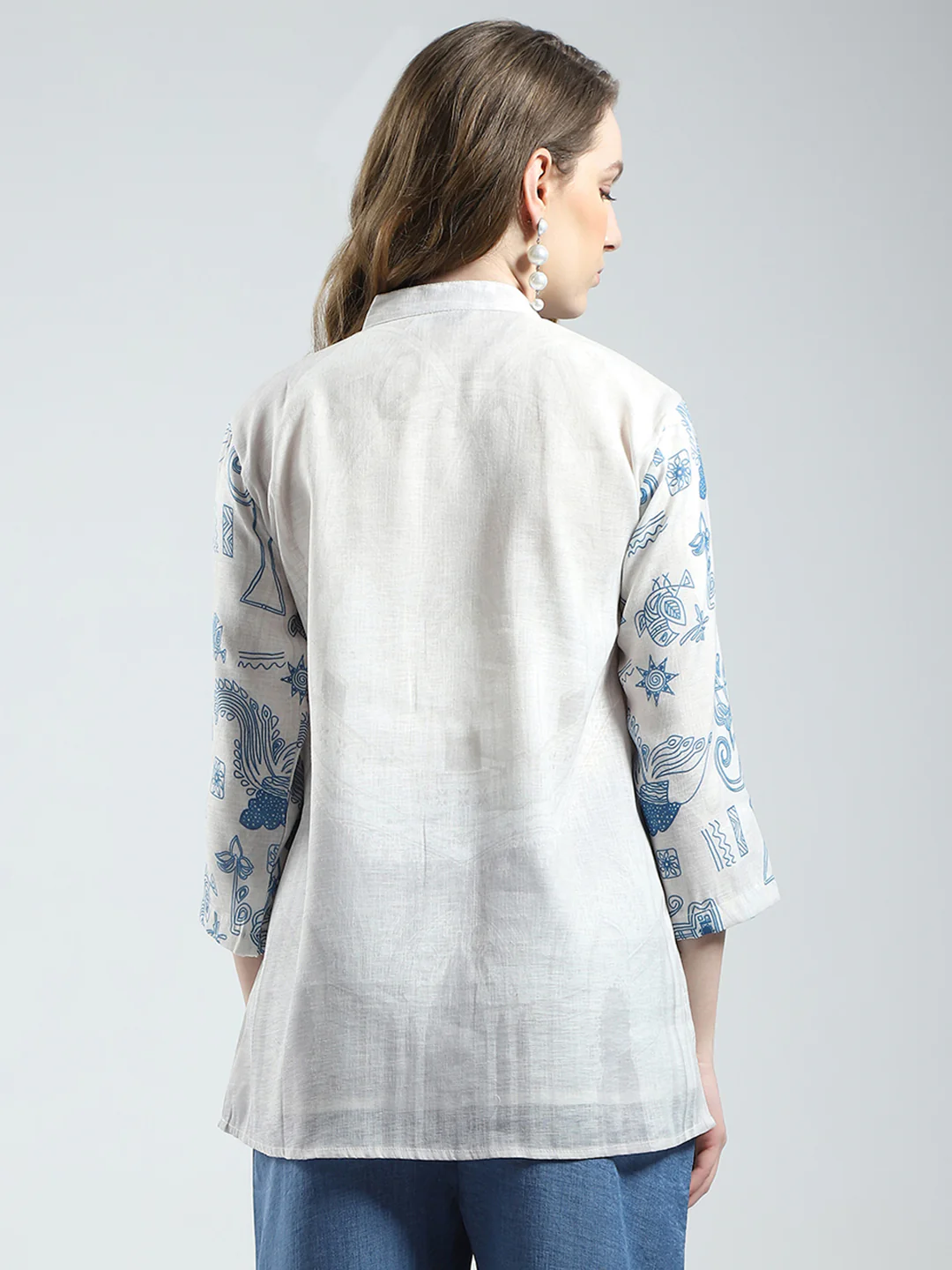 Women White Printed Band Collar 3/4th Sleeve Top - Image 5