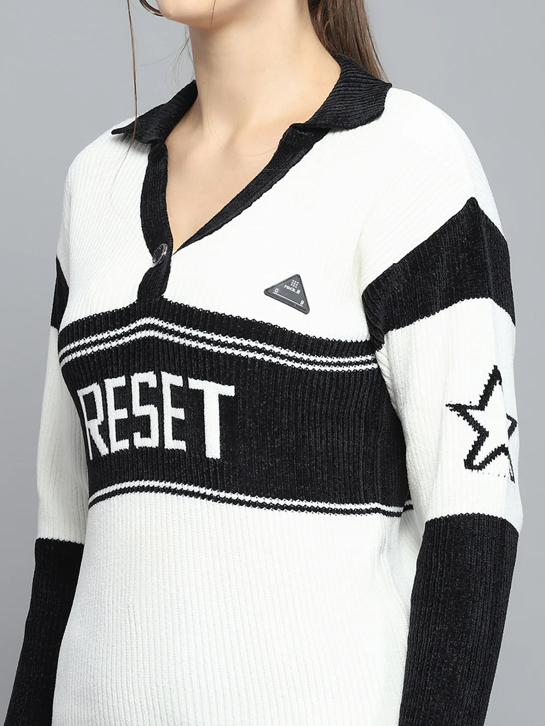 Rock.it Women White Printed Collar Full Sleeve Pullover - Image 6