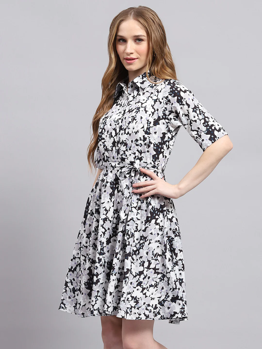Women White Printed Collar Half Sleeve Dress - Image 3