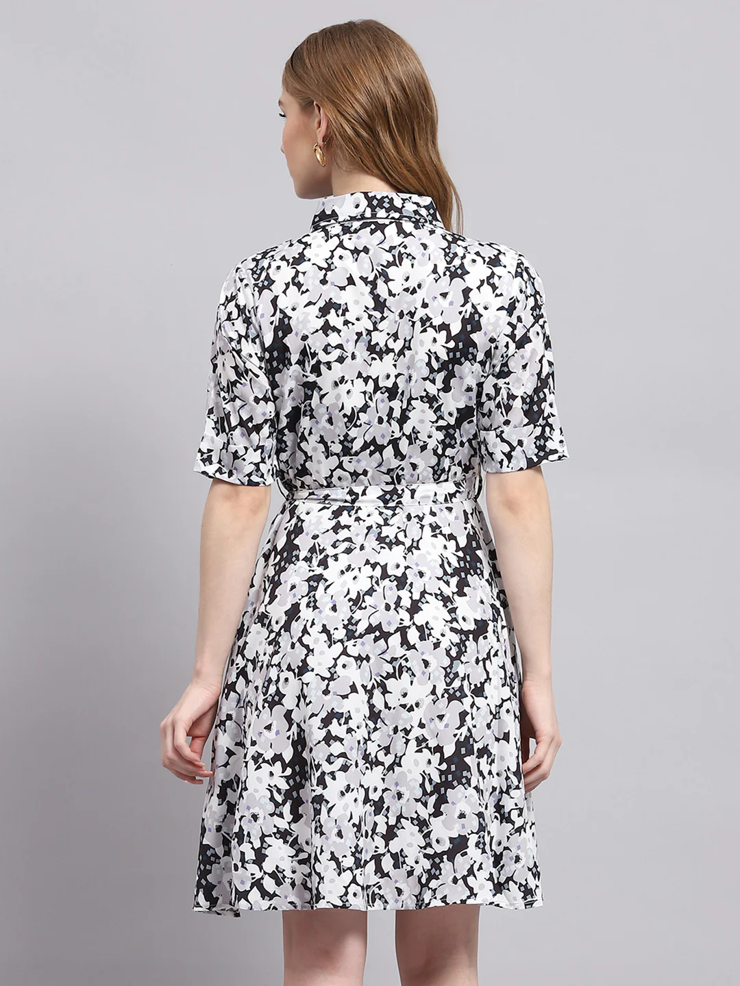 Women White Printed Collar Half Sleeve Dress - Image 5