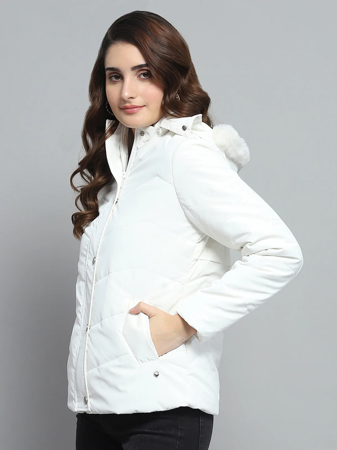 Women White Printed Detachable Hood Full Sleeve Jacket - Image 3