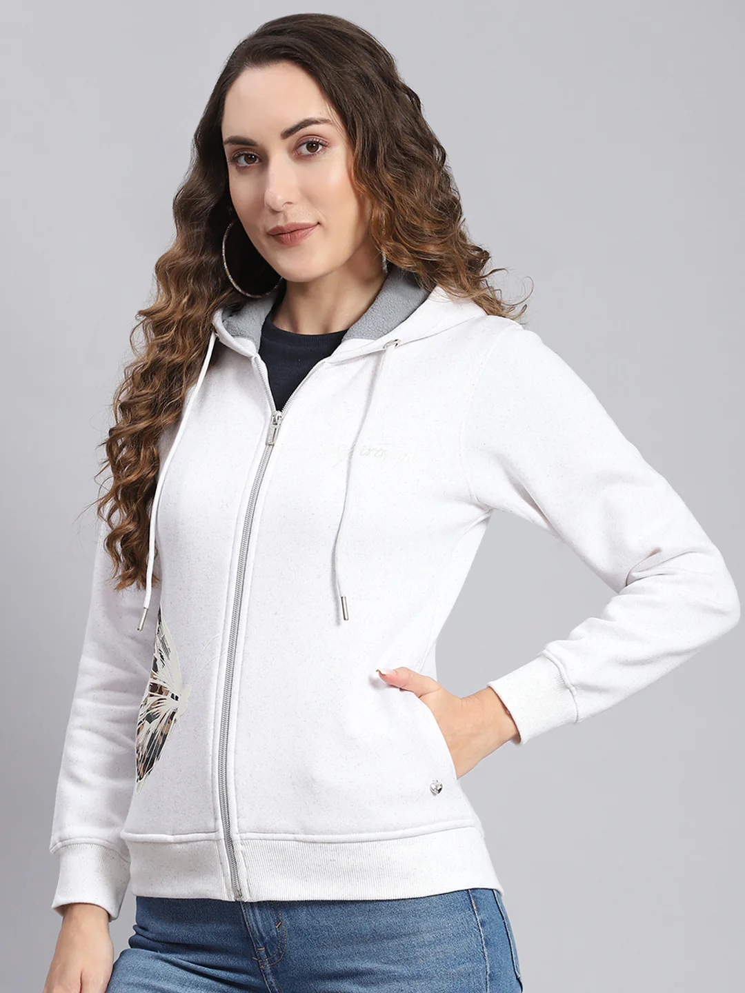Women White Printed Hooded Full Sleeve Sweatshirts - Image 3