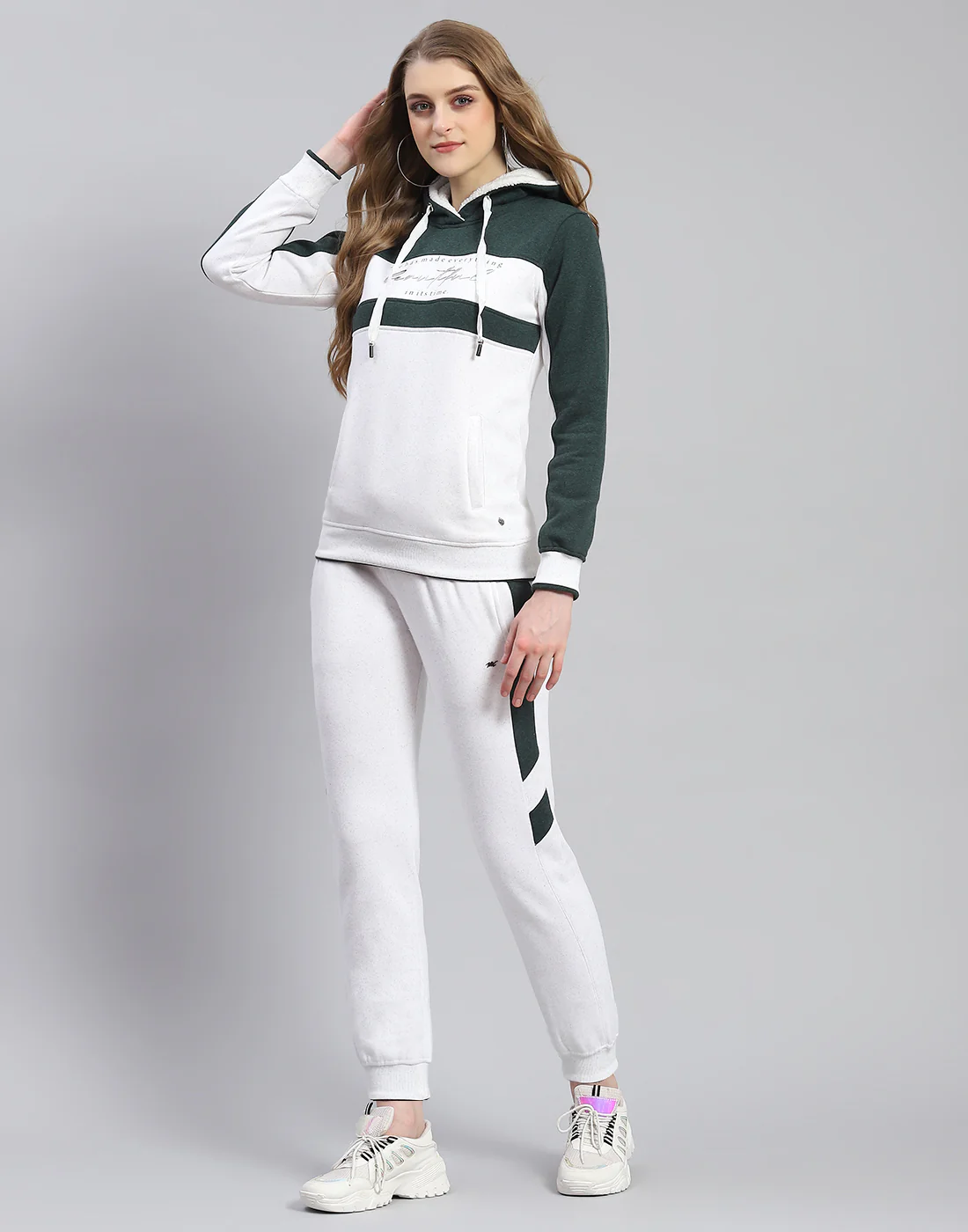 Women White Printed Hooded Full Sleeve Tracksuit - Image 3