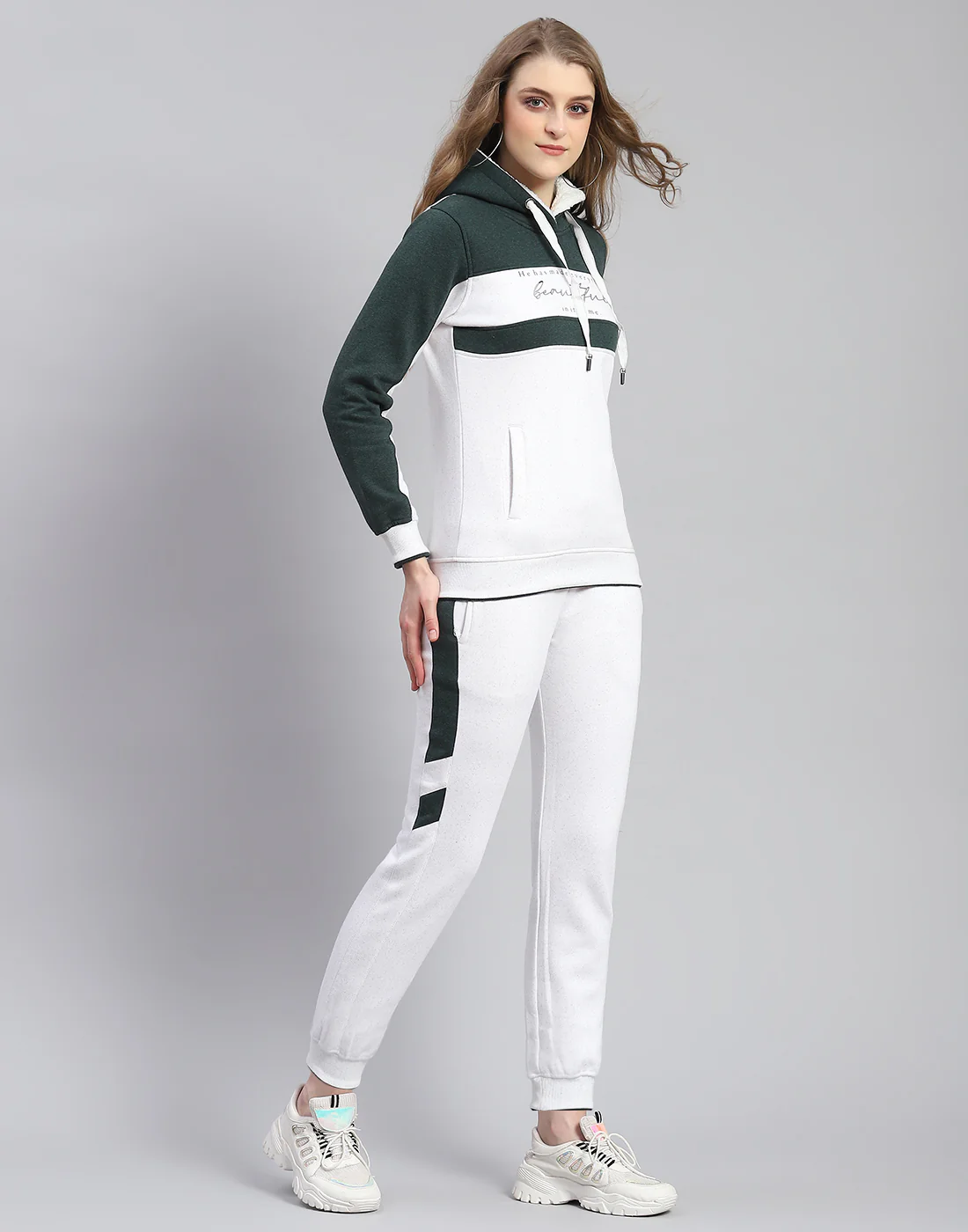 Women White Printed Hooded Full Sleeve Tracksuit - Image 4