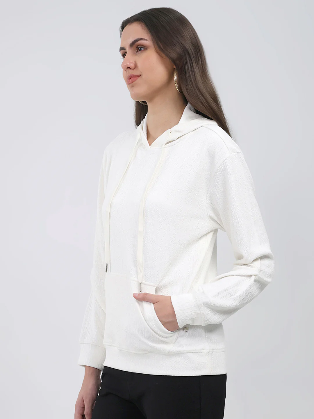 Women White Printed Hooded Full Sleeve Winter Top - Image 3