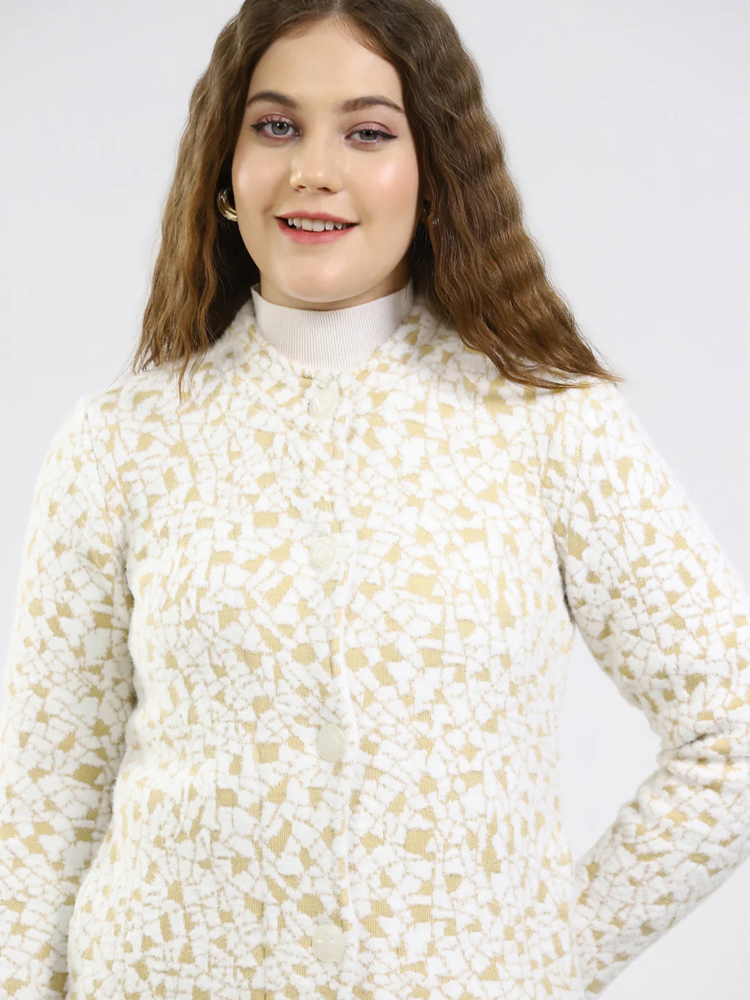 Women White Printed Round Neck Full Sleeve Knitted Coat - Image 7