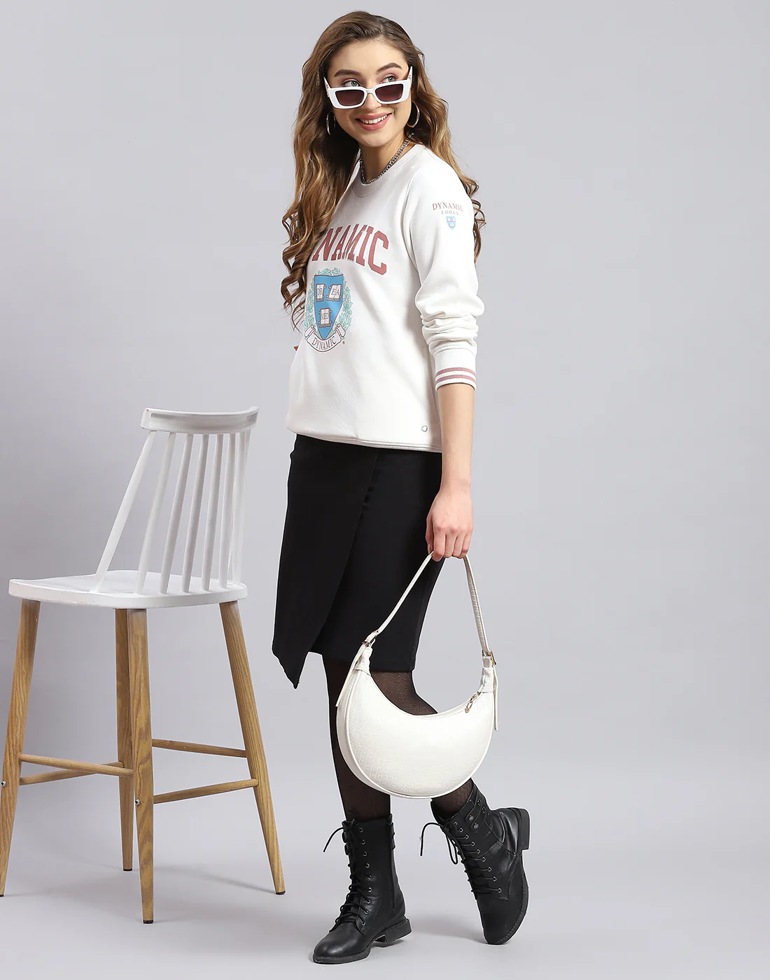 Women White Printed Round Neck Full Sleeve Sweatshirt - Image 2
