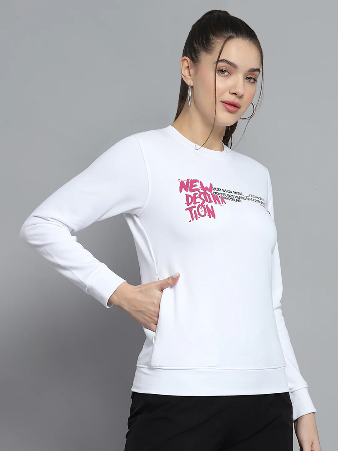 Rock.it Women White Printed Round Neck Full Sleeve Sweatshirt - Image 4