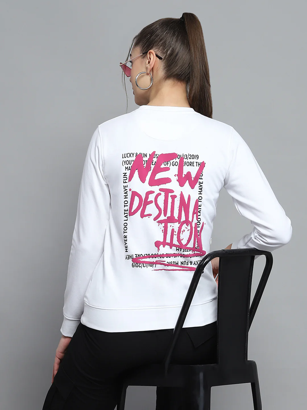 Rock.it Women White Printed Round Neck Full Sleeve Sweatshirt - Image 6