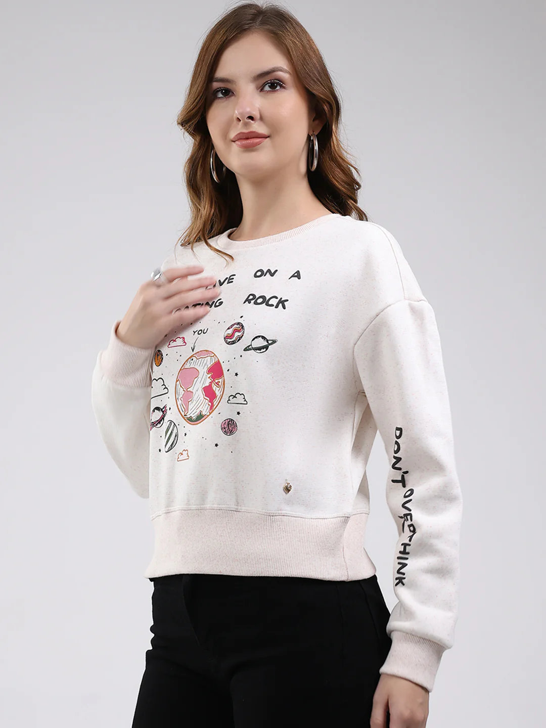 Women White Printed Round Neck Full Sleeve Sweatshirt - Image 3