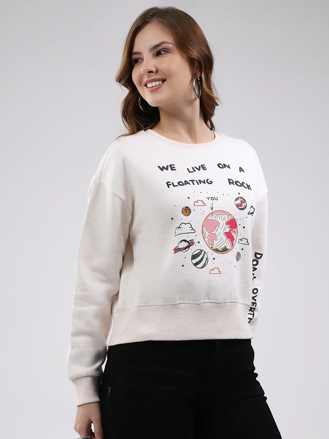 Women White Printed Round Neck Full Sleeve Sweatshirt - Image 4