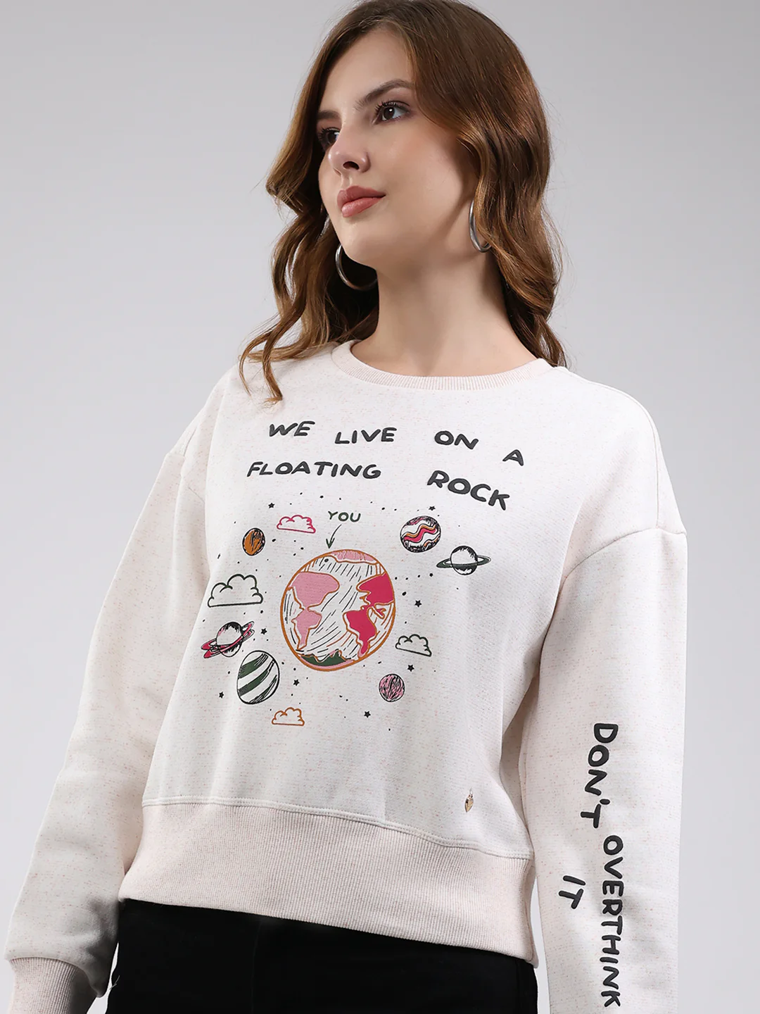 Women White Printed Round Neck Full Sleeve Sweatshirt - Image 7