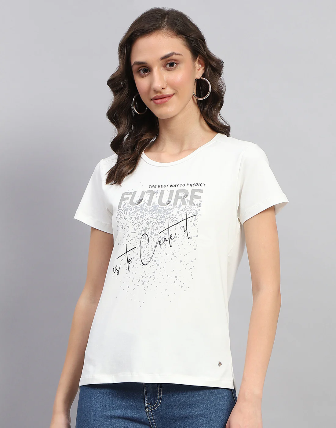 Women White Printed Round Neck Half Sleeve Top - Image 2