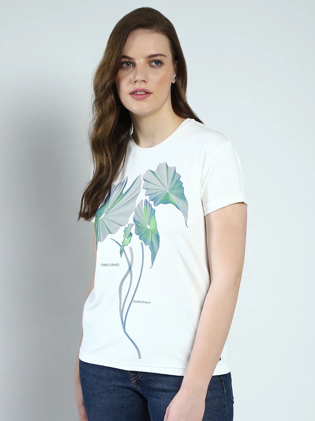 Women White Printed Round Neck Half Sleeve Top - Image 3