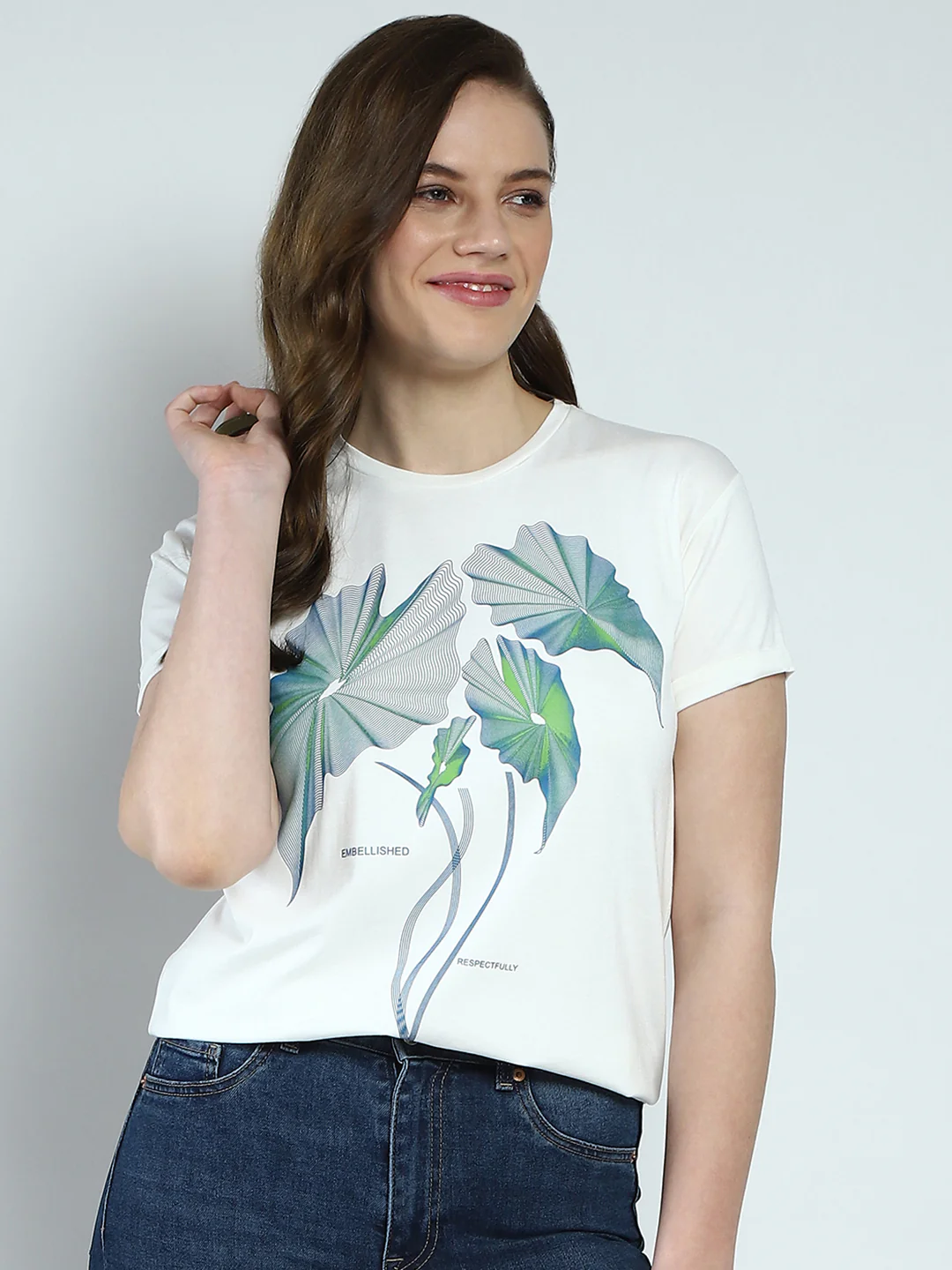 Women White Printed Round Neck Half Sleeve Top - Image 6