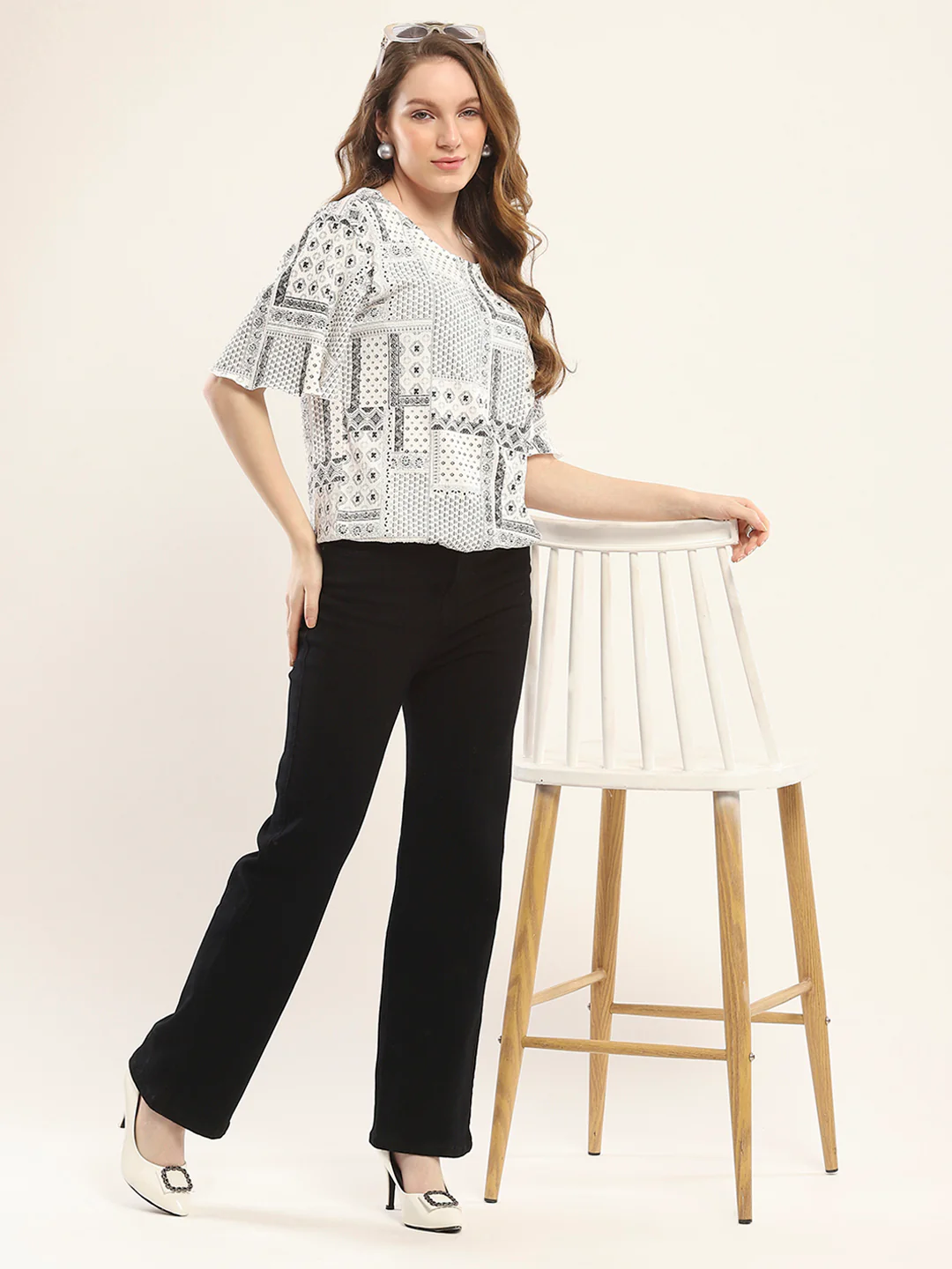 Women White Printed Round Neck Half Sleeve Winte Top - Image 2