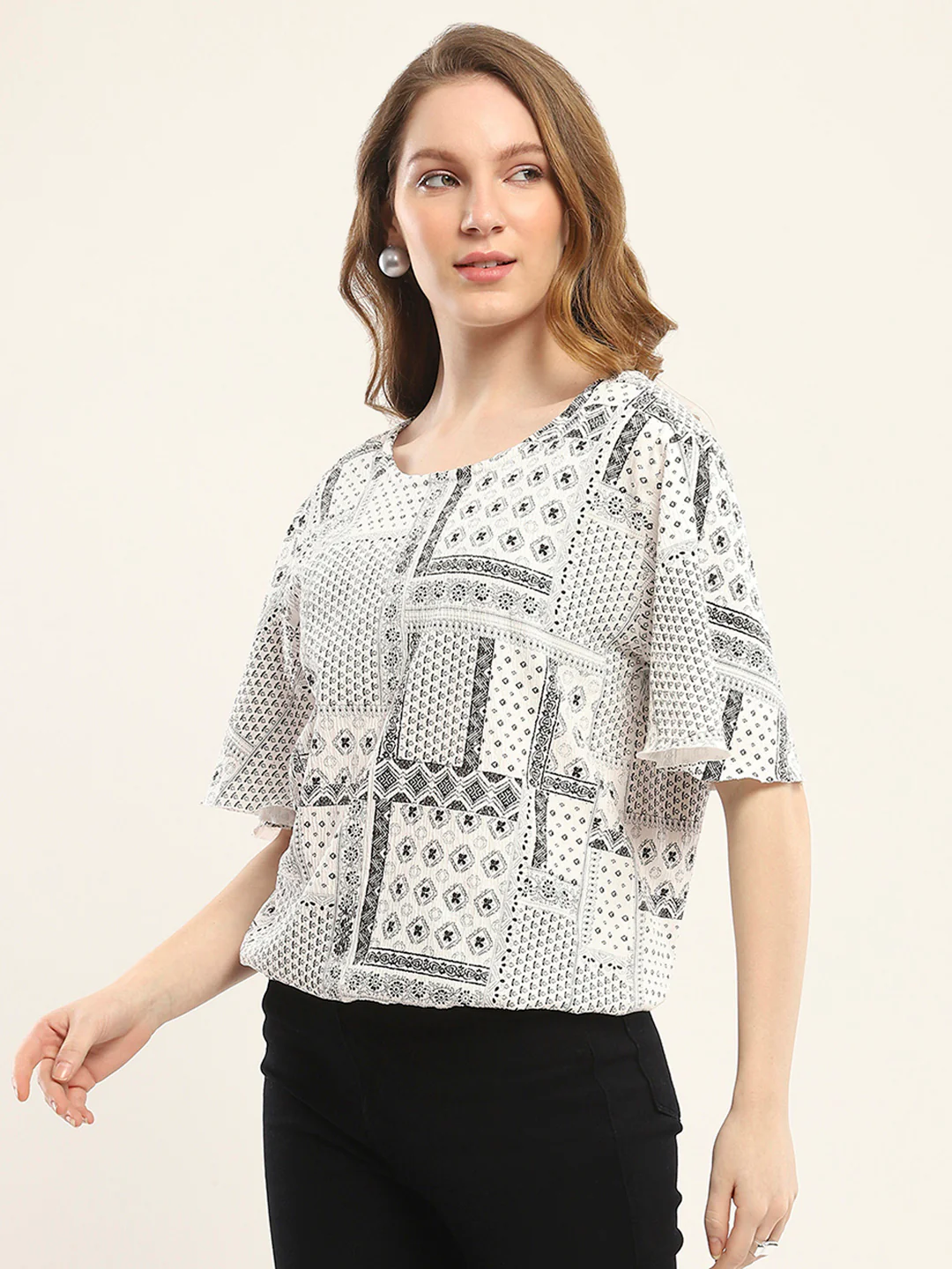 Women White Printed Round Neck Half Sleeve Winte Top - Image 3