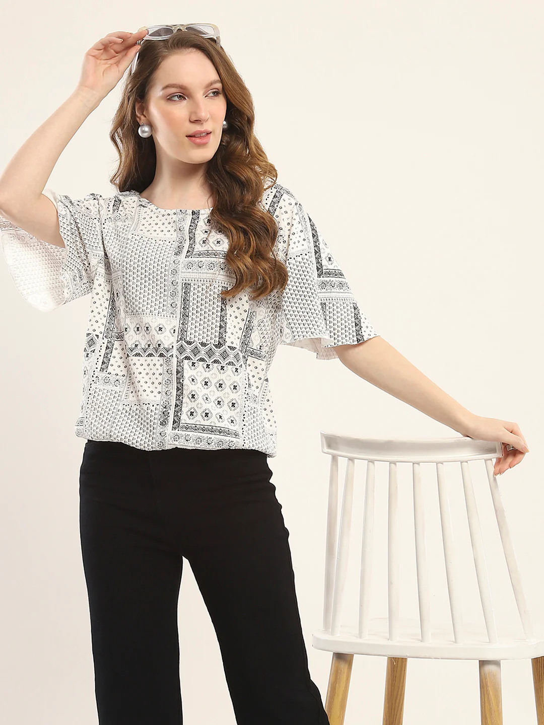 Women White Printed Round Neck Half Sleeve Winte Top - Image 6