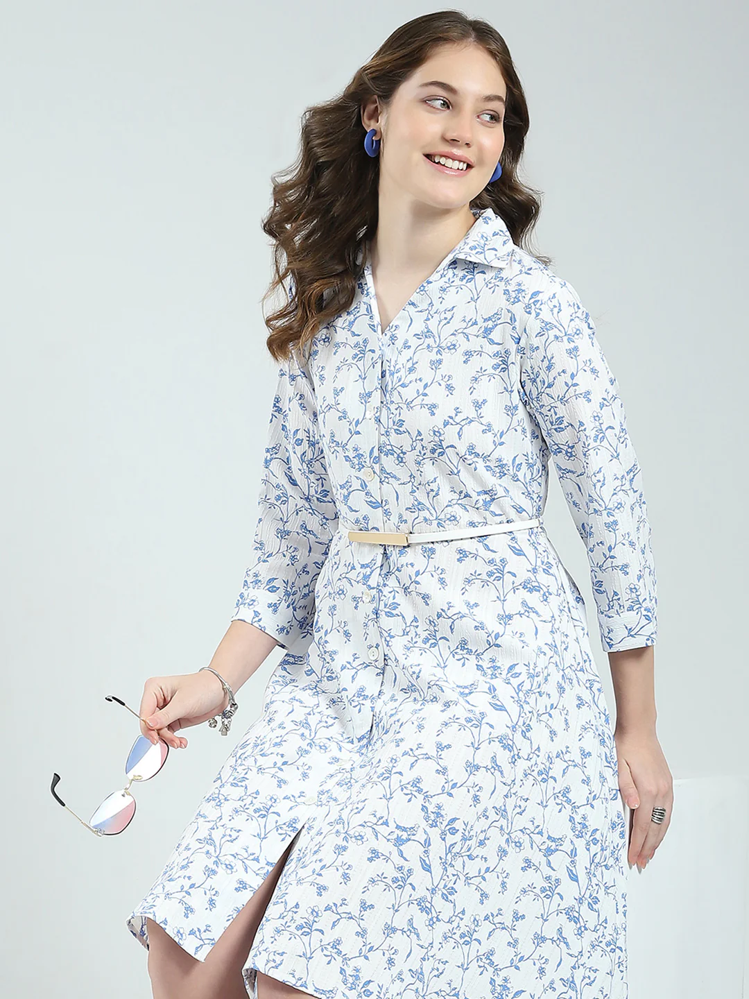 Women White Printed Round Neck 3/4th Sleeve Dress - Image 2