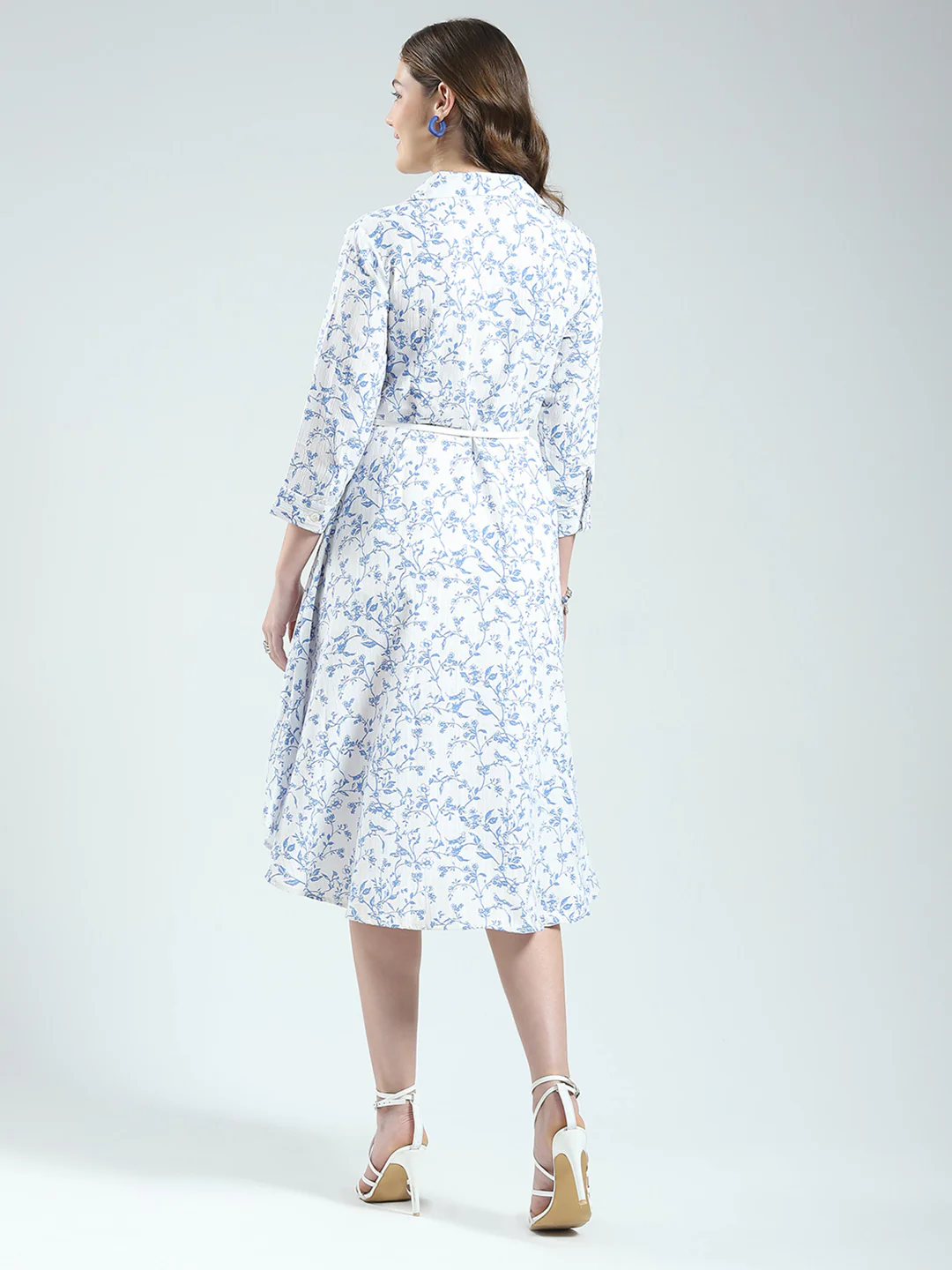 Women White Printed Round Neck 3/4th Sleeve Dress - Image 6