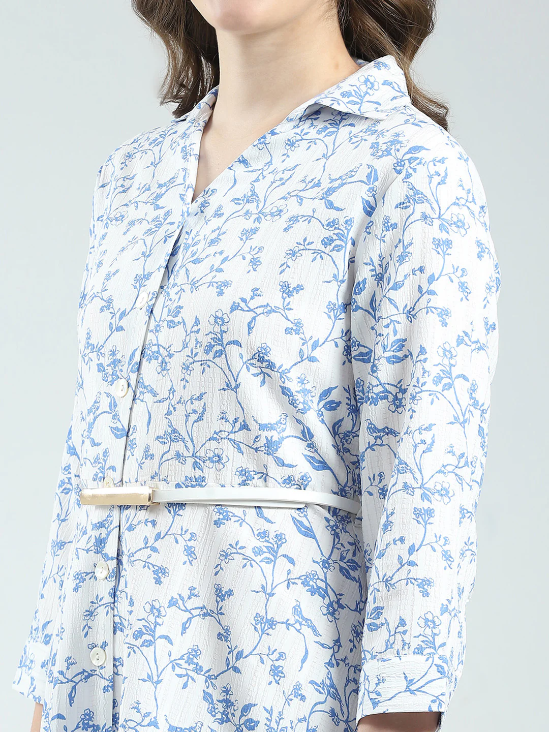 Women White Printed Round Neck 3/4th Sleeve Dress - Image 7