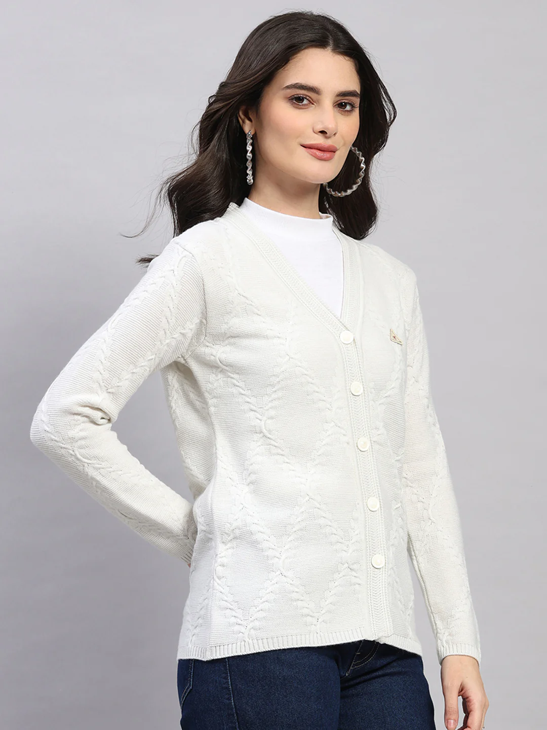 Women White Printed V Neck Full Sleeve Cardigan - Image 4