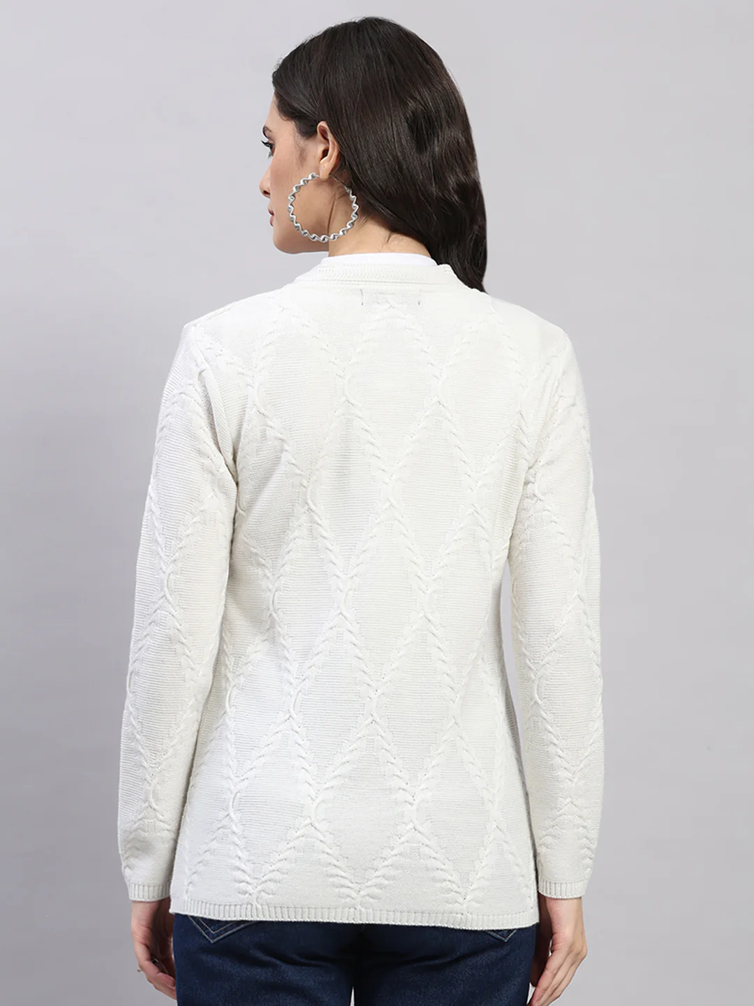 Women White Printed V Neck Full Sleeve Cardigan - Image 5