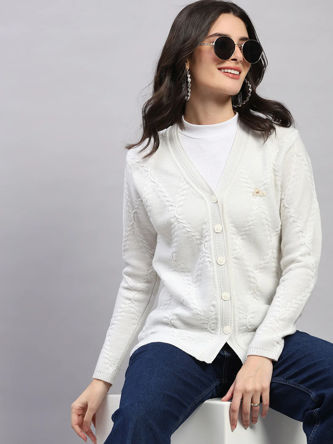 Women White Printed V Neck Full Sleeve Cardigan - Image 6