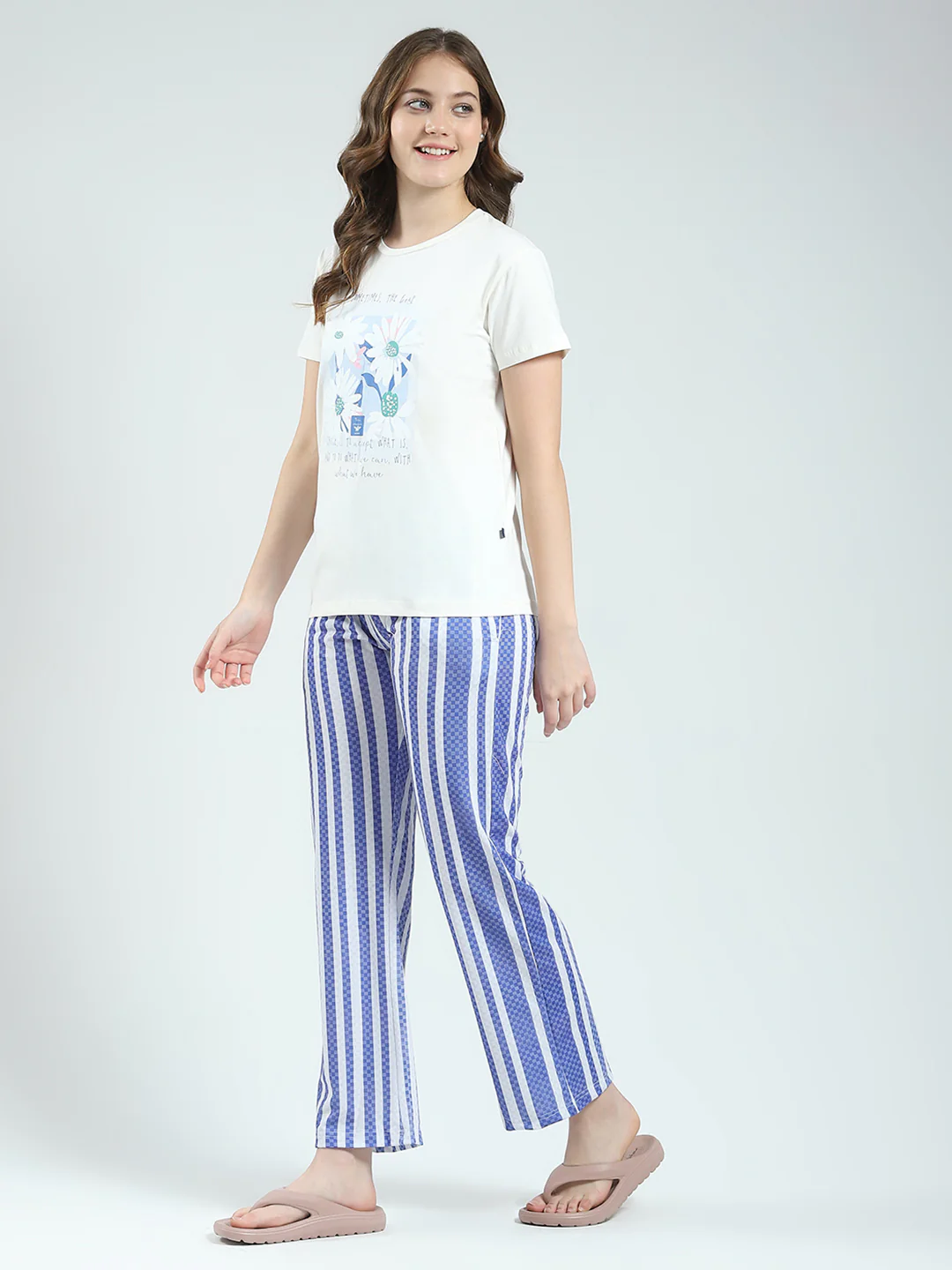 Women White Printed Round Neck Half Sleeve Lower Set - Image 3