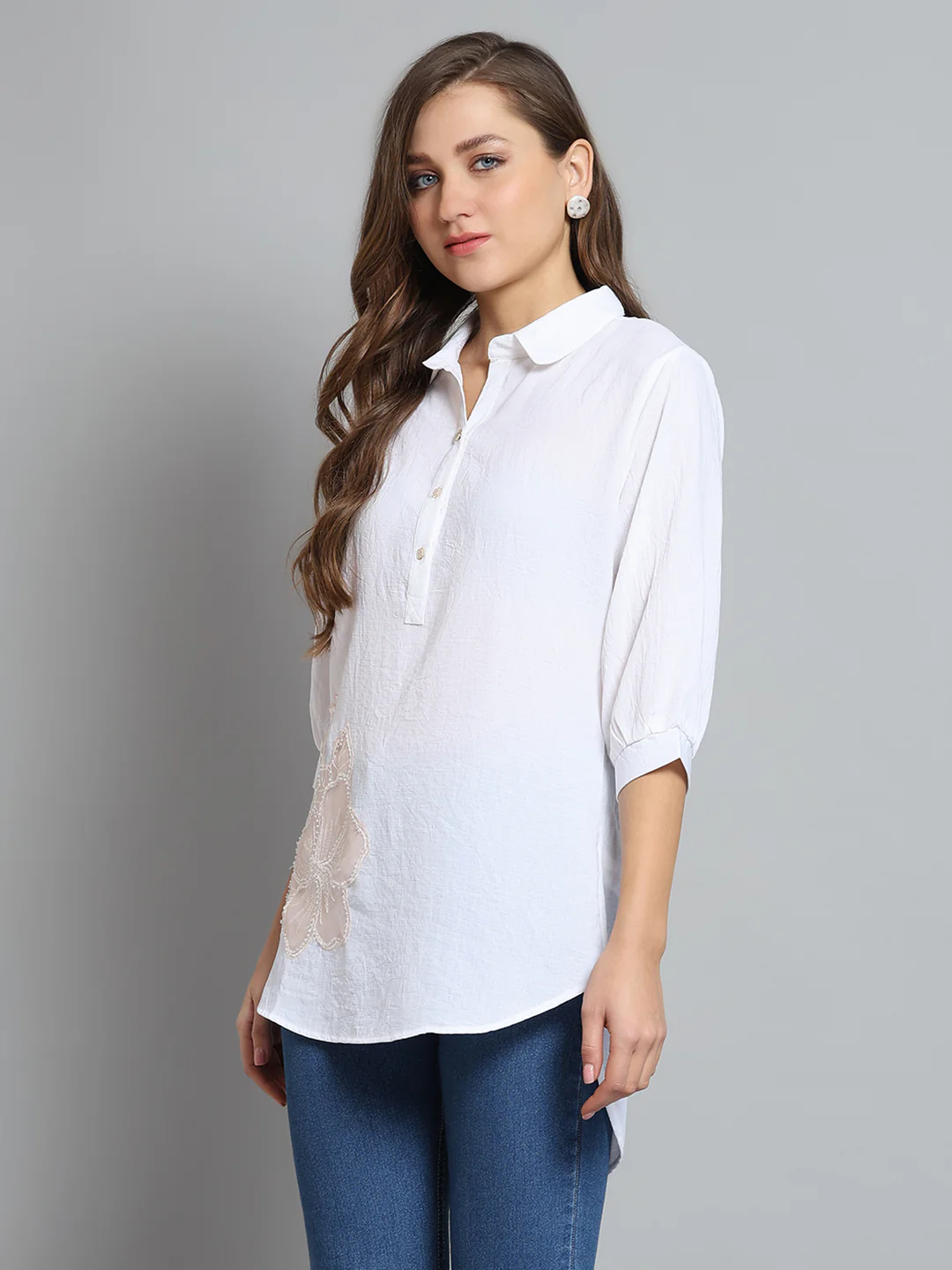 Women White Self Design Collar 3/4th Sleeve Top - Image 3
