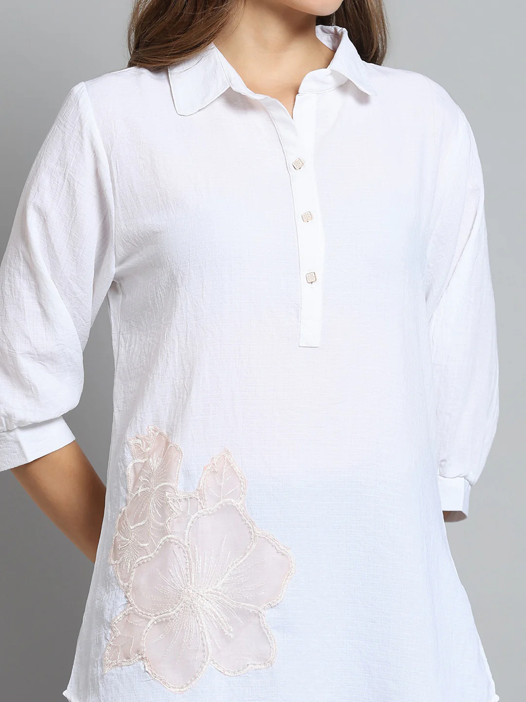 Women White Self Design Collar 3/4th Sleeve Top - Image 6