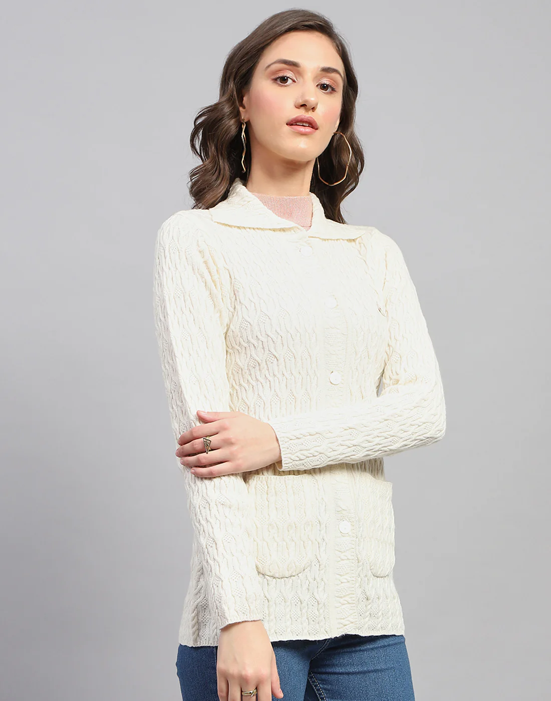 Women White Self Design Collar Full Sleeve Cardigan - Image 5