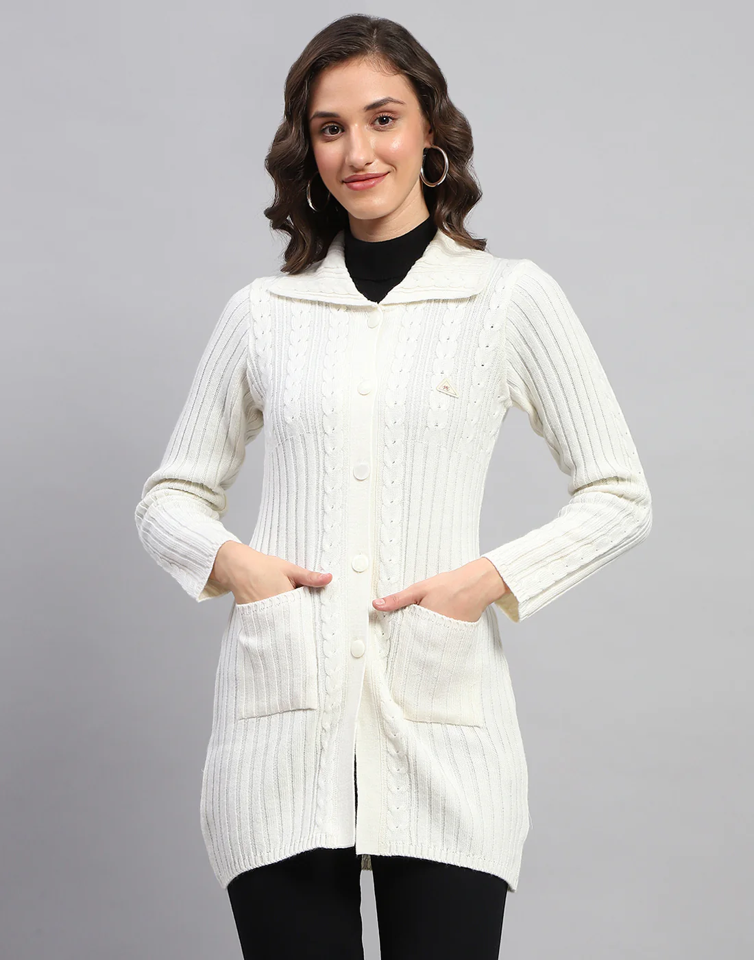 Women White Self Design Collar Full Sleeve Cardigan - Image 2