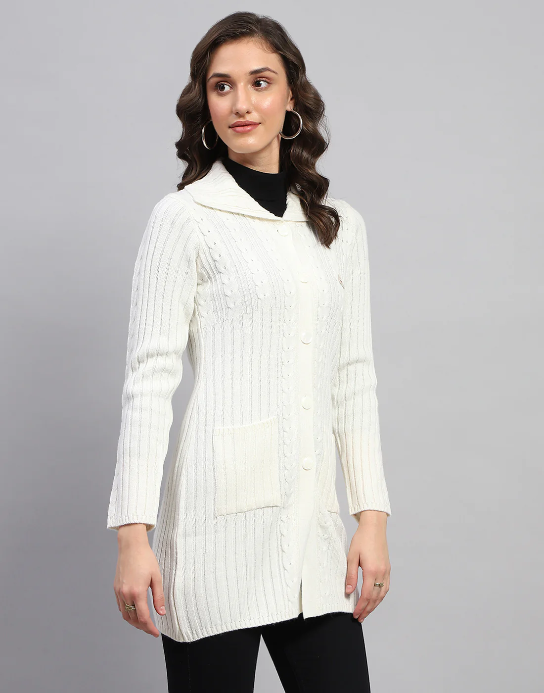 Women White Self Design Collar Full Sleeve Cardigan - Image 4